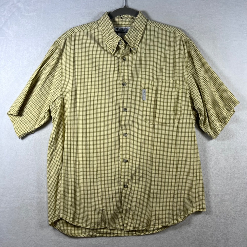 Columbia Mens Short Sleeve Button Down Shirt Yellow Black Check Large